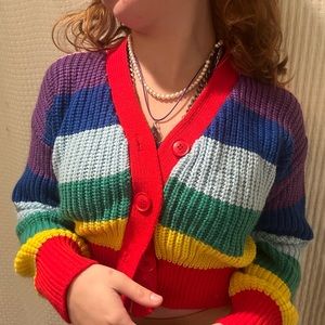 Small rainbow cropped button up crochet sweater